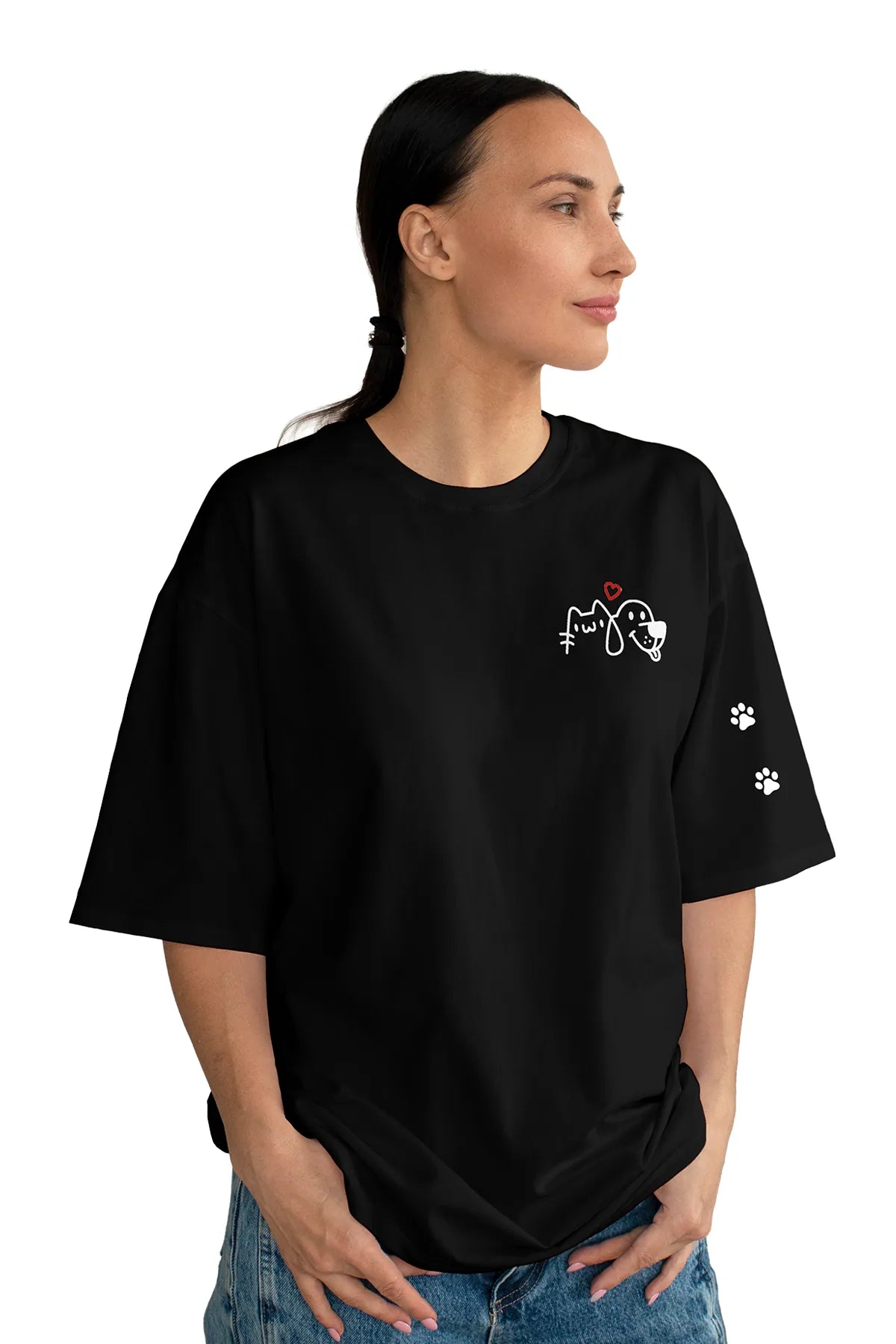 Patili Dostlar Baskılı Oversize Tişört 🐶🐱 (Unisex, %100 Pamuk)