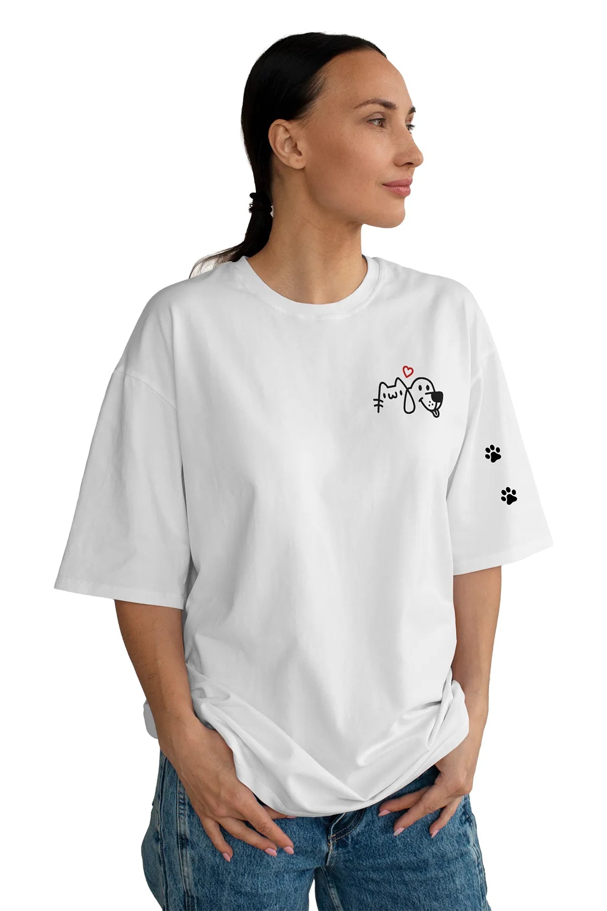Patili Dostlar Baskılı Oversize Tişört 🐶🐱 (Unisex, %100 Pamuk)